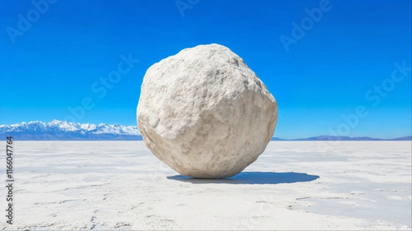Obraz Solitary white boulder on salt flat desert landscape, Minimalist geological composition with mountain backdrop