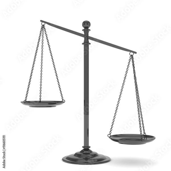 Fototapeta Isolated black scales on white background. Symbol of judgement. Law, measurement, liberty in one concept. 3D rendering.