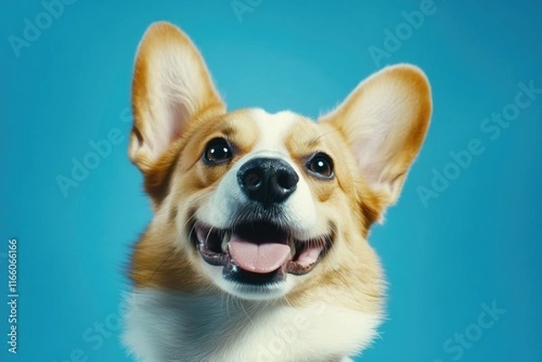 Fototapeta Close-up shot of a dog's face on a blue background, suitable for pet-related or design projects