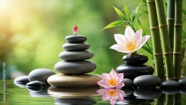 Obraz Black zen stones, a delicate orchid, and bamboo leaves create a serene spa still life, inviting relaxation and balance
