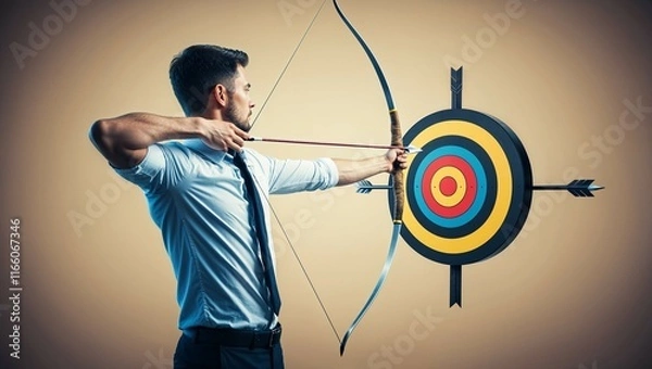 Obraz Silhouette of a woman archer aiming with bow and arrow at target in archery competition