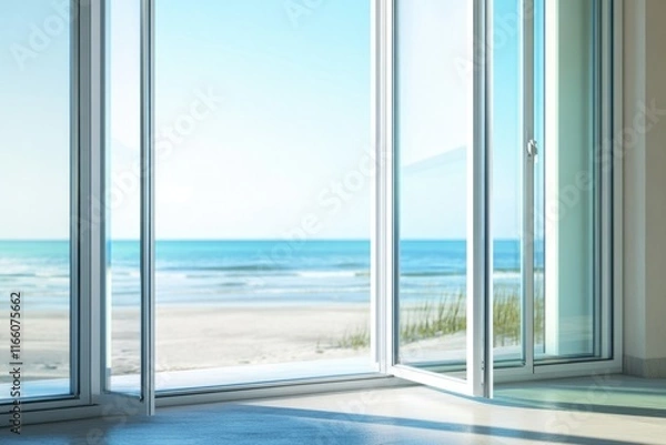 Fototapeta A calm ocean view seen through a large window in a cozy living room