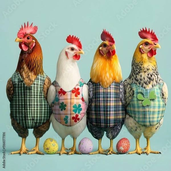 Fototapeta Easter concept with chicken elegant colorful woolen textile  of waistcoats and  color eggs on light blue background.
