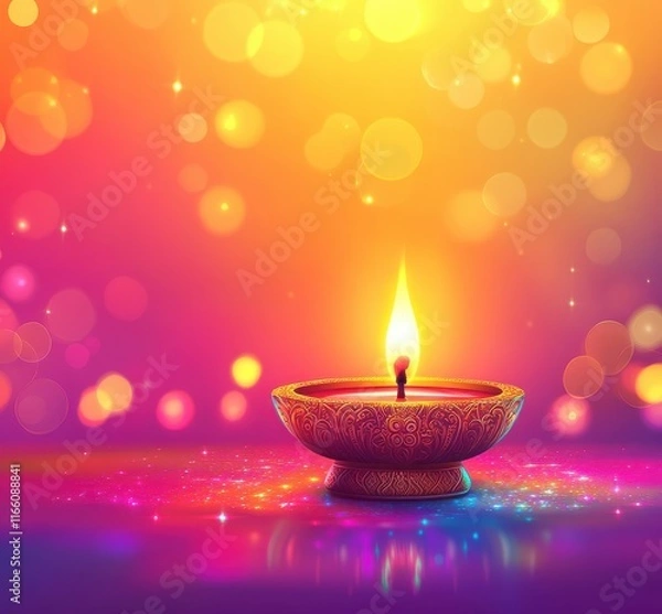 Obraz Beautifully Crafted Diya Lamp with a Flickering Flame Glowing Against a Colorful Bokeh Background, Perfect for Celebrations, Festivals, and Spiritual Awakening Moments