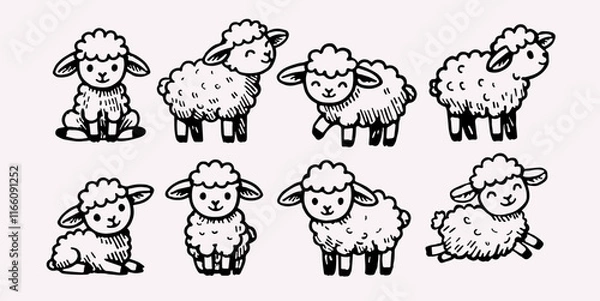 Obraz A set of cute monochrome sheep. Vector characters for birthday parties, invitations, birthday cards, children's T-shirts and stickers. Hand-drawn illustration for children's items.
