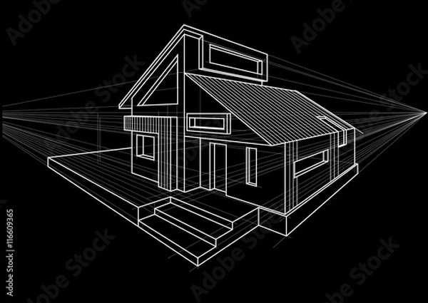 Fototapeta Linear architectural sketch detached house on black background
