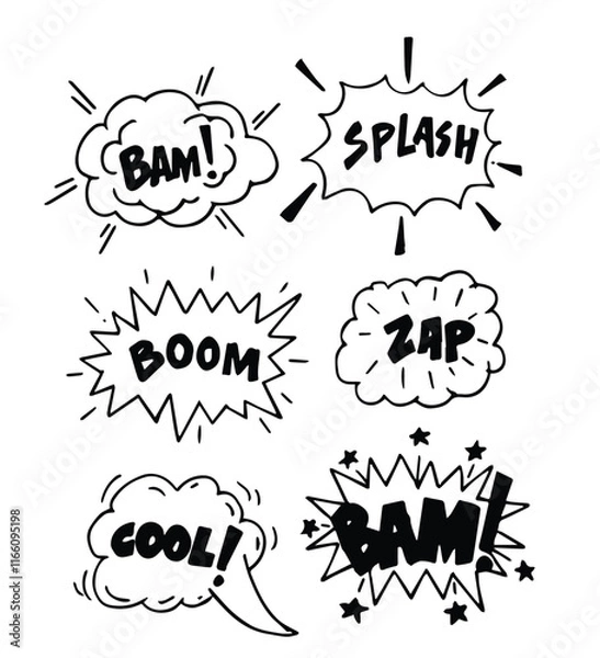 Obraz Hand drawn explosion speech bubble, splash smoke element. Comic doodle sketch. Explode speech bubble with pow, boom, omg text. Vector illustration.