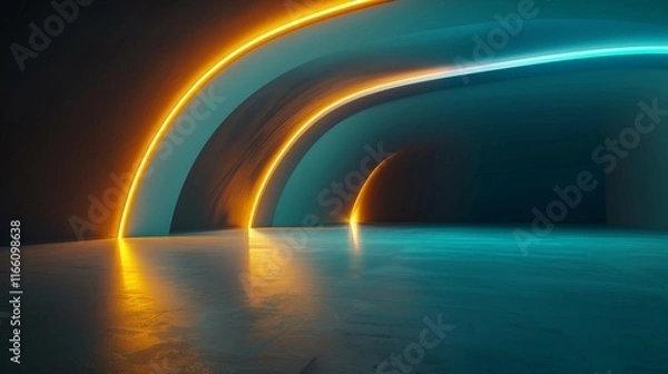 Fototapeta Empty futuristic corridor with glowing orange and teal neon lights illuminating a polished concrete floor, creating a vibrant and modern atmosphere