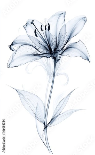 Fototapeta X-ray style image of a single, elegant lily flower with leaves and stem on a white background.