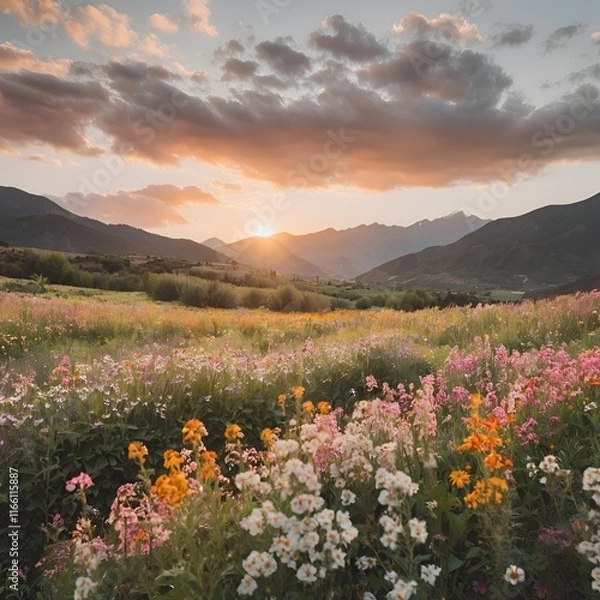 Obraz Sunset over a field of flowers with mountains
