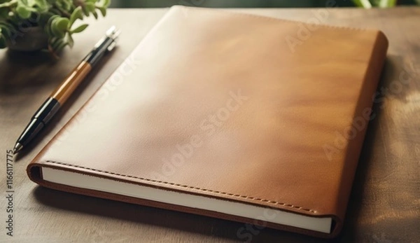 Fototapeta A leather notebook with pen on wooden table. A close-up of the book and ballpoint pen
