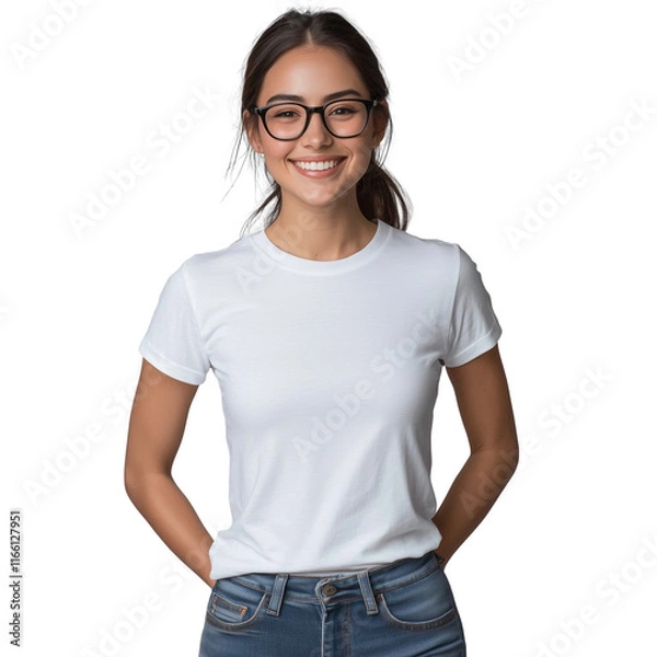 Fototapeta Smiling woman in white blank t-shirt and glasses, isolated on transparent background. Mockup design with realistic photography and high resolution.