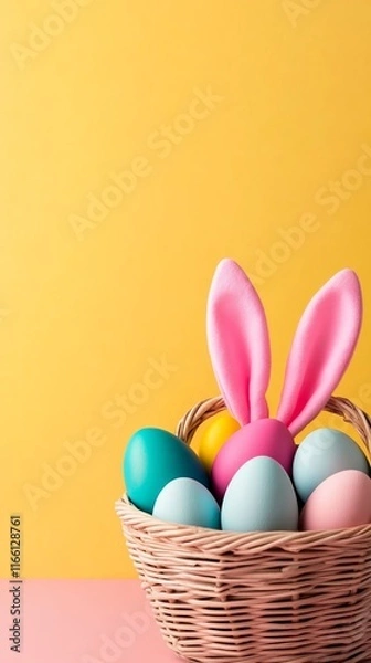 Obraz Bunny ears peeking from a basket filled with colorful Easter eggs on a gradient pink and yellow background with space for text, playful and festive 