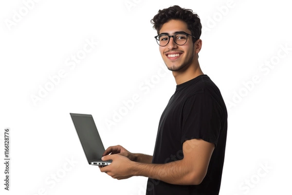 Fototapeta Young man with a laptop smiles while holding it in one hand. Isolated on a transparent background, representing online work or learning. 4K quality.