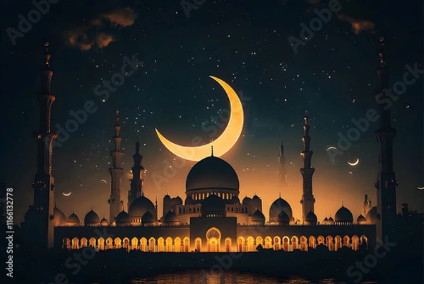 Obraz Generative illustration of silhouette of Grand mosque with yellow crescent moon in night background. Ramadan concept