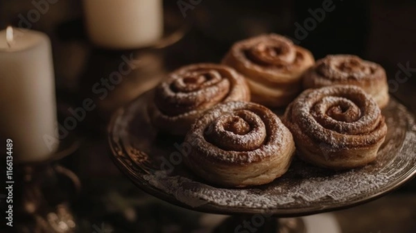 Fototapeta Freshly baked cinnamon rolls are adorned with powdered sugar and displayed charmingly on a plate. Dim ambient lighting creates a warm and inviting indoor feel, perfect for cozy moments.