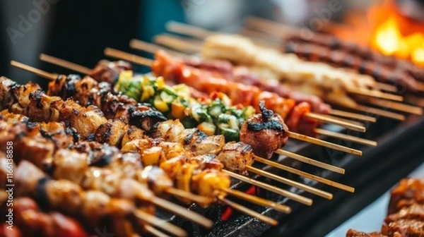 Fototapeta Colorful Skewers Displayed on Grill with Natural Lighting
