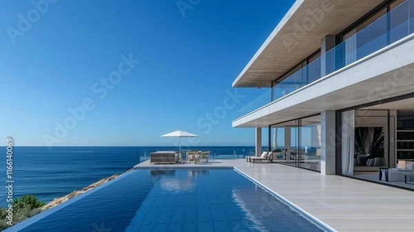 Fototapeta A luxurious seaside residence with a sleek modern design, a grand terrace facing a pristine pool and uninterrupted ocean views, under a clear blue sky.