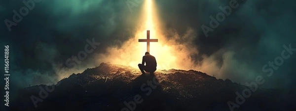 Fototapeta A man kneeling in front of a cross on top of a hill, with a bright light shining from behind him