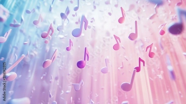 Fototapeta Vibrant swirling 3D music notes floating in a colorful gradient background creating a lively atmosphere. Generative AI