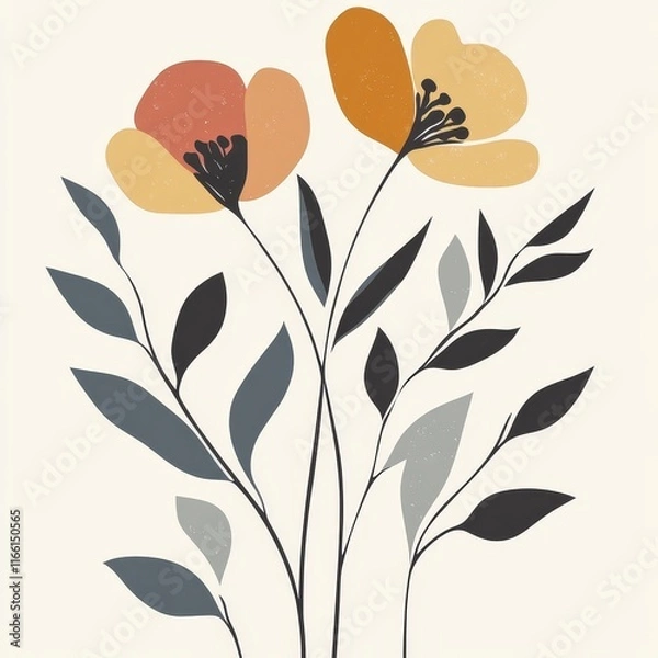 Fototapeta Bright Floral Design Featuring Two Stylized Flowers With Vibrant Orange and Yellow Petals, Complemented by Green Leaves Against a Soft Background
