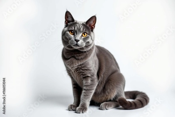 Fototapeta Elegant Chartreux cat with amber eyes on clean white background for digital and print projects