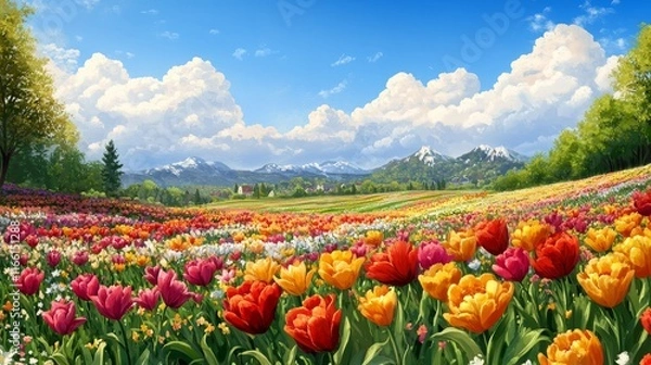 Fototapeta Colorful flowers meadow in a spring day