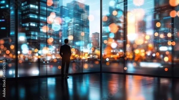 Fototapeta Silhouette of person by large window, contemplative moment in an urban setting