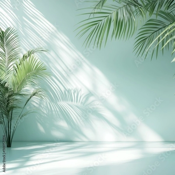 Fototapeta Bright Indoor Space Featuring Lush Green Plants Casting Delicate Shadows Against a Light Blue Wall in the Afternoon Light, Creating a Serene and Peaceful Atmosphere