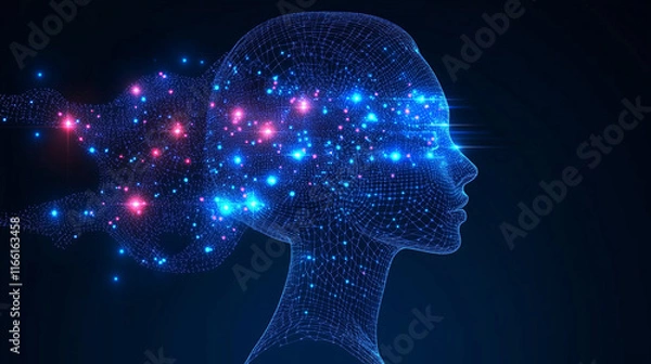 Fototapeta Futuristic digital head with glowing neural network patterns, representing artificial intelligence, technology, and innovation.