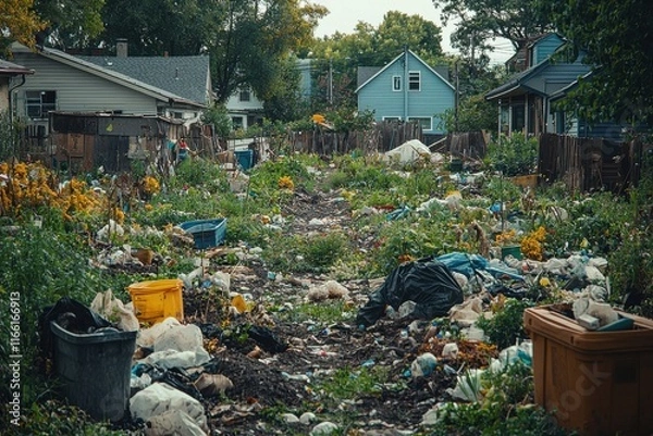 Fototapeta Abandoned neighborhood lot filled with trash and overgrown vegetation in late afternoon light