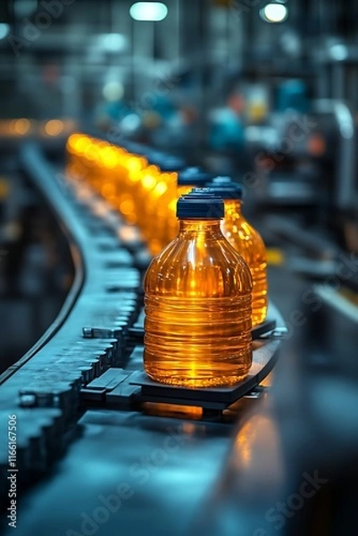 Fototapeta Amber liquid bottles on conveyor belt in factory.