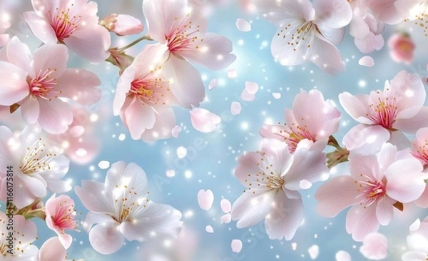 Fototapeta Cherry Blossoms Bloom Against a Soft Blue Backdrop, Creating a Beautiful Display of Springtime Beauty and Tranquility in a Natural Setting