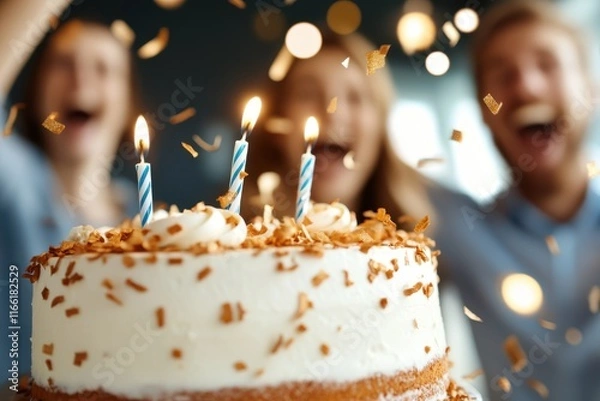 Obraz Celebrating a joyful birthday with laughter, cake, and sparkling confetti in a vibrant atmosphere surrounded by friends