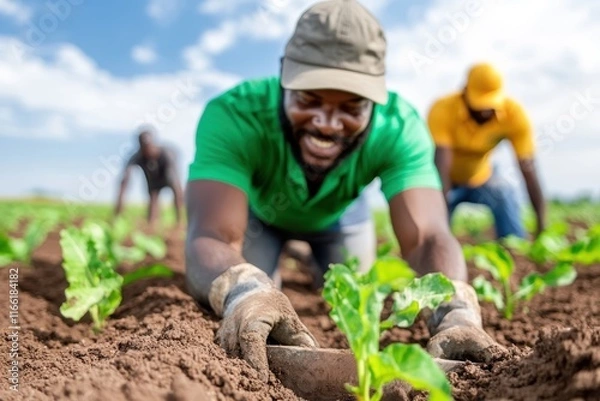 Fototapeta Hardworking farmers cultivate fresh greens under a bright blue sky in a vibrant field of life