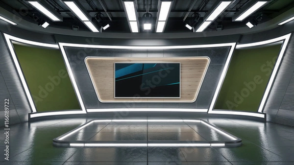 Fototapeta Modern 3D-rendered television studio featuring sleek futuristic design elements, including metallic textures, illuminated panels, a central display screen, and polished reflective flooring