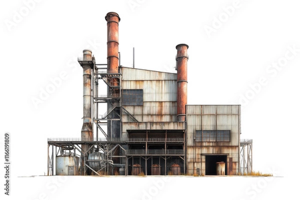 Obraz Abandoned industrial building with rusted pipes and weathered exterior in a desolate setting