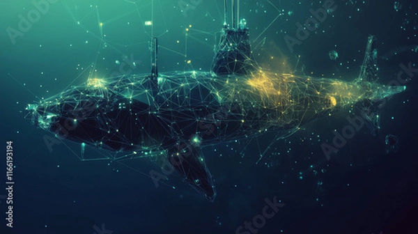 Fototapeta Hologram submarine. Submarine made of polygons, triangles, dots, and lines. Low-poly submarine structure of connections. Technology concept vector.