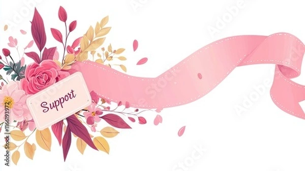Fototapeta Support Ribbon with Floral Elements and Pink Color Palette for Encouragement and Caring Themes