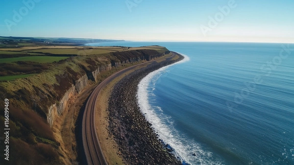 Fototapeta 波しぶきと青い海を背景に走る海岸沿いの曲線的な線路