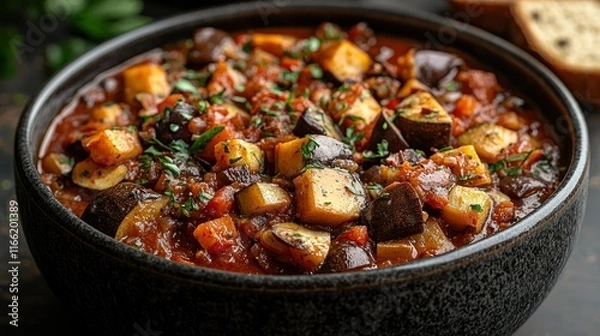 Obraz A hearty vegetable stew in a black bowl.