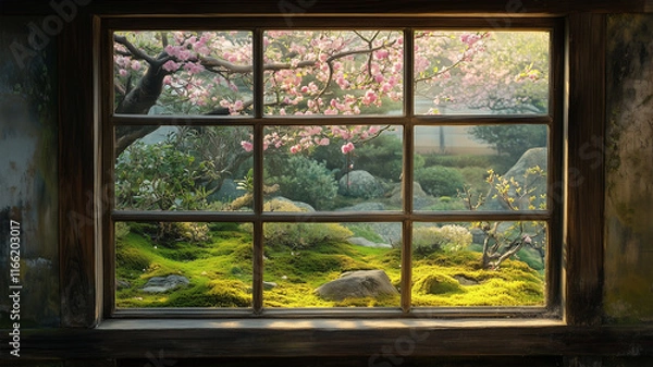 Fototapeta 小窓越しに見る春の苔庭と梅の花