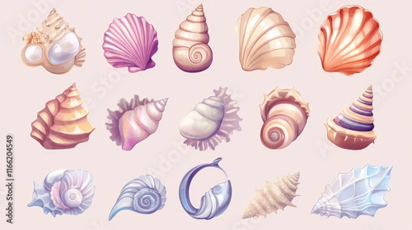 Fototapeta Sea shell and vessels game assets set. Cartoon vector illustration collection of cute marine underwater seashell for rpg gui design. Colorful nautical or aquarium spiral and scallop conch with pearl