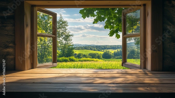 Fototapeta 小窓から望む夏の青空と田園、温もりを感じる木製の机
