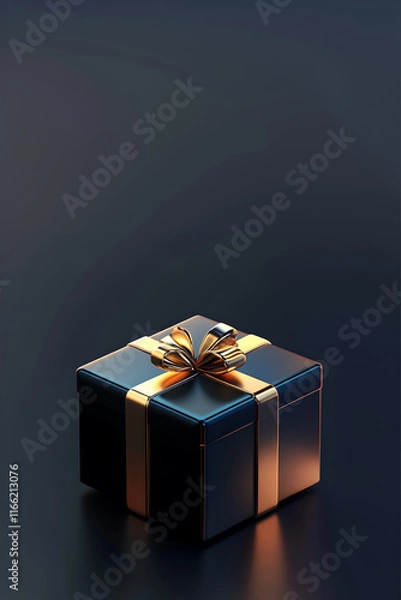 Obraz Black gift box with golden ribbon on black background.