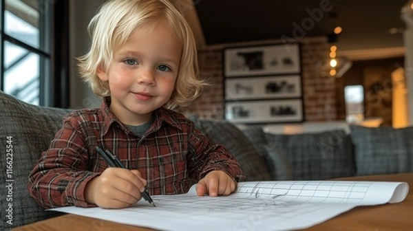Obraz Child drawing on paper in a cozy indoor setting.