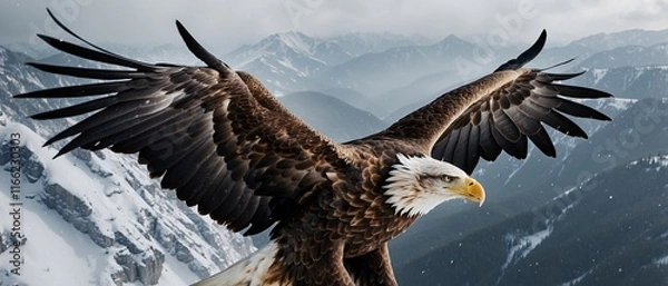 Fototapeta Eagle Soaring Above Snowy Mountain Peaks: A majestic bald eagle with wings spread wide takes flight against a backdrop of snow-capped mountains, symbolizing freedom, strength, and resilience.  