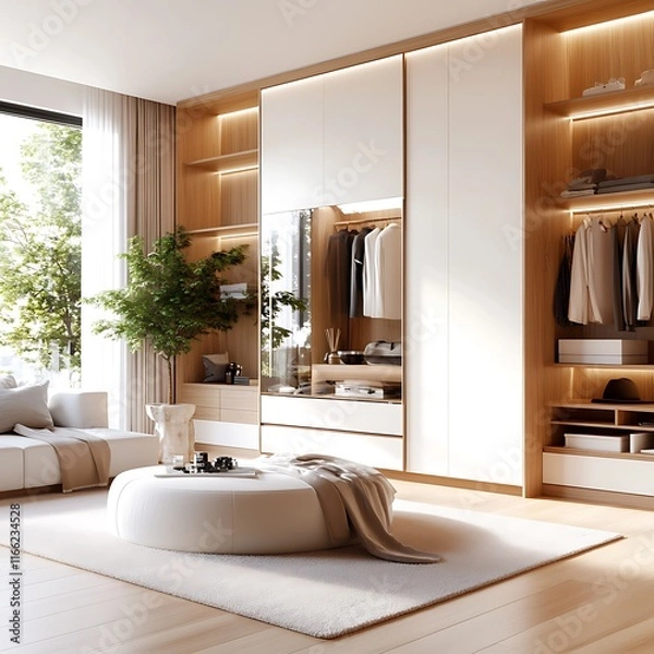 Fototapeta Modern minimalist walk-in closet with built-in storage, natural light, and seating area.