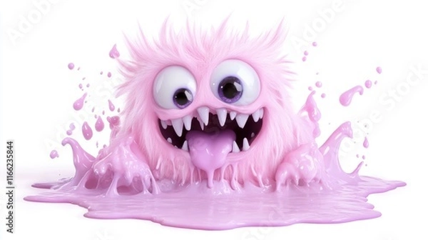 Obraz Playful pink monster splashes in purple goo with big eyes and fangs in a fun cartoon style