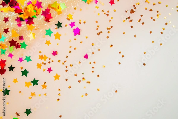Fototapeta ruby star confetti sprinkled on rose-toned backdrop, space for text